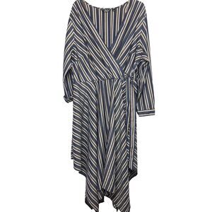 Mlle Gabrielle Dress Womens Plus Size 3X Blue Striped Roll Tab Sleeve Faux Wrap